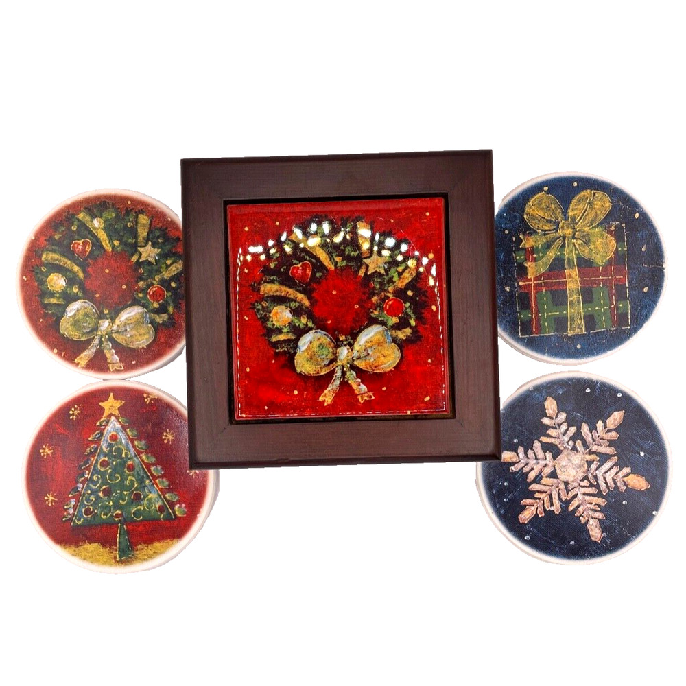 Vintage Christmas Holiday Ceramic Coasters in Decorative Tile Wood Box- USED